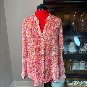 KUT From The Kloth Pink Floral Button Front Blouse Top Large L Sheer Lightweight